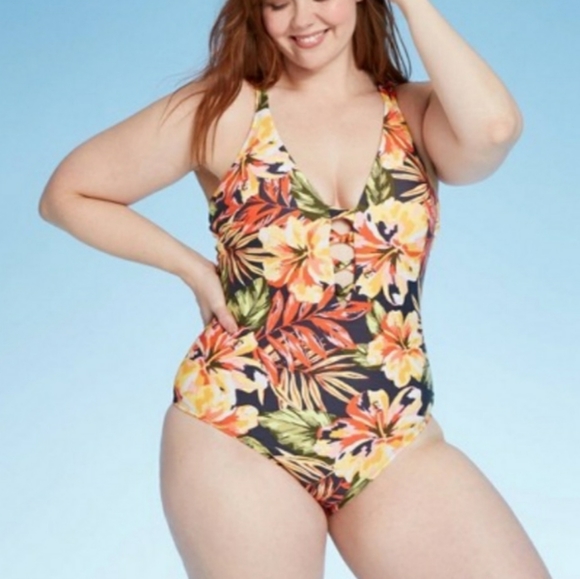 Swimsuit One Piece Tropical Hibiscus Size 16W - Picture 3 of 15